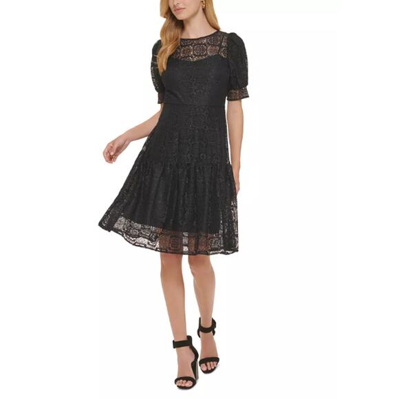 CALVIN KLEIN NWT Black Puff Sleeve Tiered Hem Lace  Dress // 8 - Picture 13 of 14